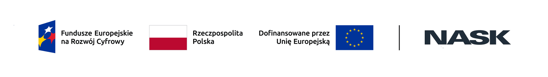 Logo Funduszy Europejskich, flaga Polski, flaga Unii Europejskiej z tekstem o dofinansowaniu oraz logo NASK.