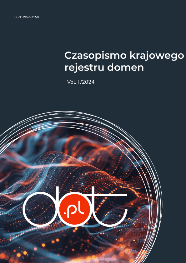 Logo przedstawiające napis 'dot.pl' na tle abstrakcyjnej grafiki z kolorowymi liniami i punktami, przypominającej sieci danych. Napis w białym kolorze z czerwoną kropką w środku, osadzony w okręgu.
