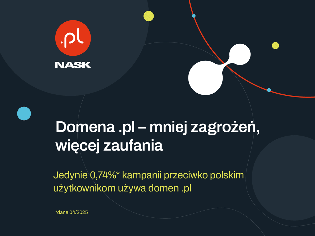 Grafika promująca domenę .pl przygotowana przez NASK. Na środku widoczny napis: „Domena .pl – mniej zagrożeń, więcej zaufania”. Poniżej informacja: „Jedynie 0,74%* kampanii przeciwko polskim użytkownikom używa domen .pl”. Na dole małym drukiem: „*dane 04/2025”. W tle ciemny motyw z kolorowymi elementami graficznymi i logo .pl w czerwonym kółku.
