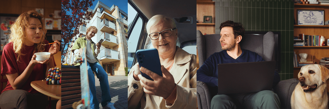 Kobieta z miską, chłopak z deskorolką, starsza kobieta z telefonem, mężczyzna z psem