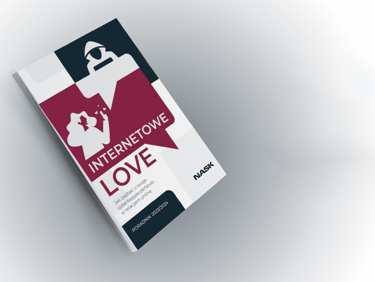 Ukośnie ułożona książka z czarno-biało- bordową okładką, na której tytuł Internetowe love