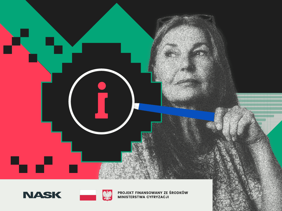 kobieta na czarno ziolono czerwonym tle, trzyma w ręku lupę z literą i