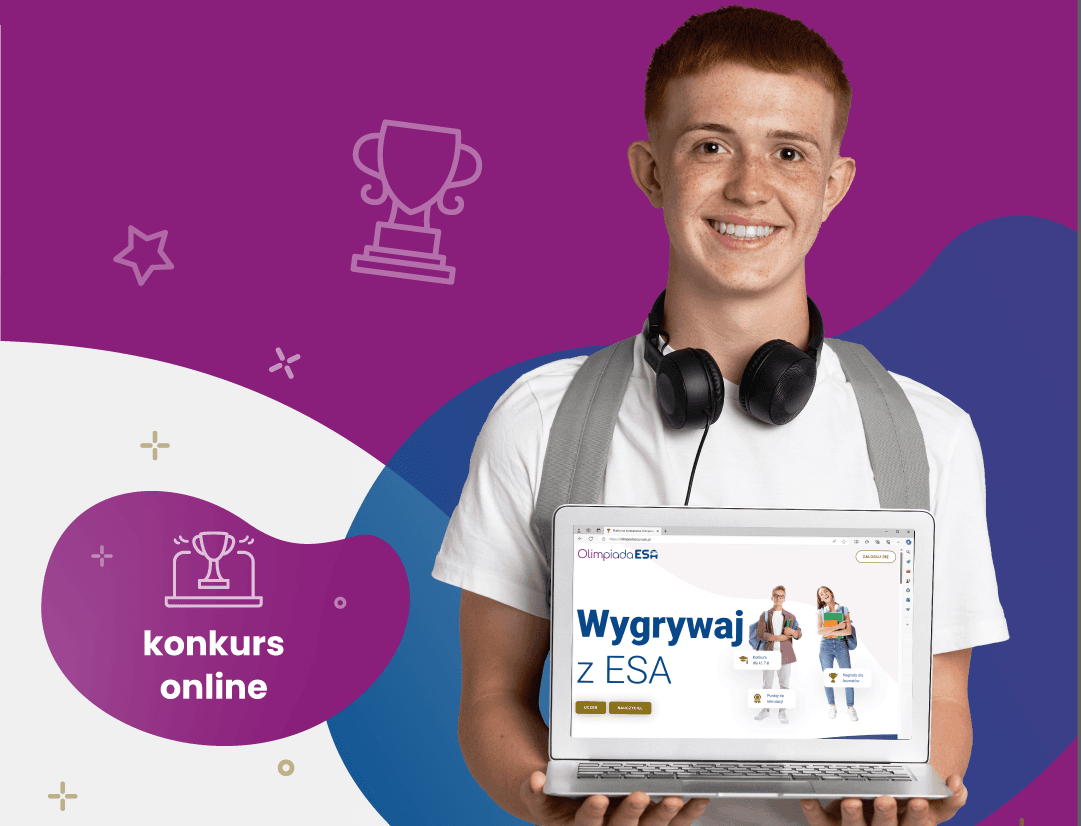 Plakat promujący konkurs online „Wygrywaj z ESA”. Na fioletowym tle chłopiec z plecakiem i słuchawkami na szyi trzyma laptopa, na którego ekranie widnieje strona konkursu. W lewym dolnym rogu grafika z napisem „konkurs online” oraz ikoną pucharu. W tle elementy graficzne, takie jak gwiazdki i trofea.