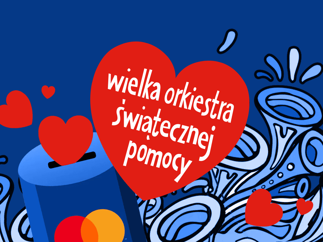 Czerwone serce z napisem „Wielka Orkiestra Świątecznej Pomocy” na tle granatowej grafiki z abstrakcyjnymi, białymi elementami przypominającymi tuby lub fale. Po lewej stronie znajduje się niebieska puszka z logo płatności, wokół unoszą się mniejsze czerwone serduszka. Styl jest nowoczesny i energetyczny.