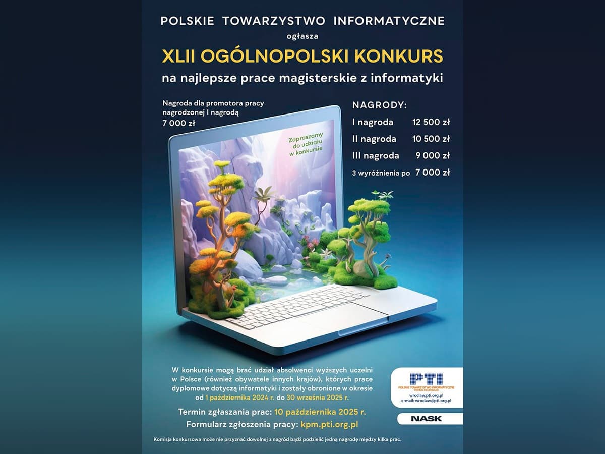 Plakat konkursu na najlepszą pracę magisterską z informacjami o nagrodach