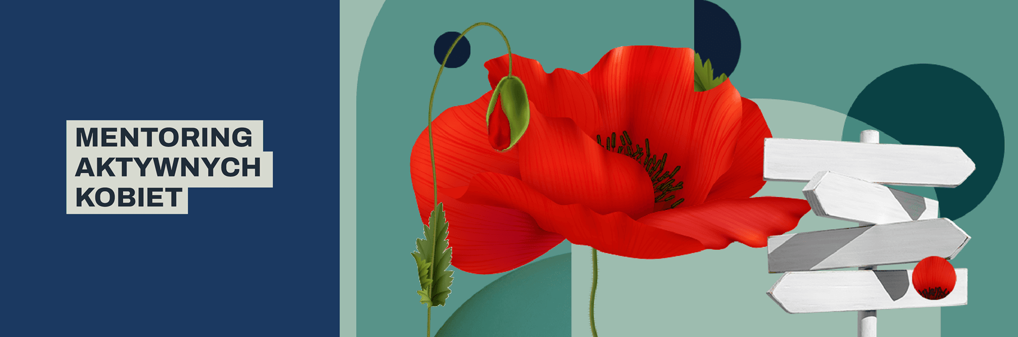 Napis: Mentoring aktywnych kobiet i grafika przedstawiająca czerwony kwiat maku