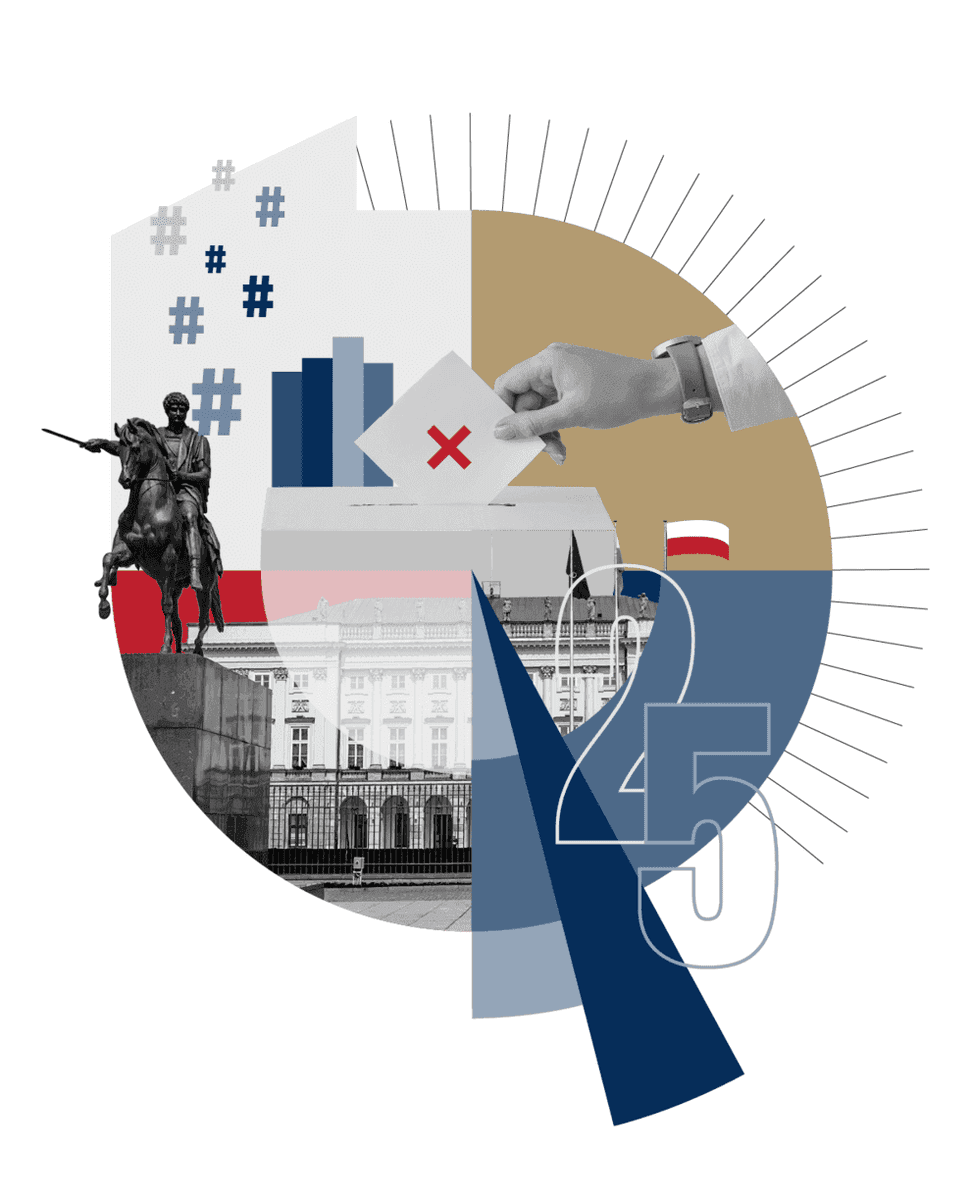 Graficzna kompozycja symbolizująca wybory prezydenckie w Polsce – w centrum ręka wrzuca kartę do urny wyborczej z czerwonym krzyżykiem, w tle statystyki, symbole hasztagów, pomnik księcia Józefa Poniatowskiego, Pałac Prezydencki, flaga Polski oraz liczba 25 – wszystko utrzymane w nowoczesnej, geometrycznej stylistyce w barwach biało-niebiesko-czerwono-złotych.”