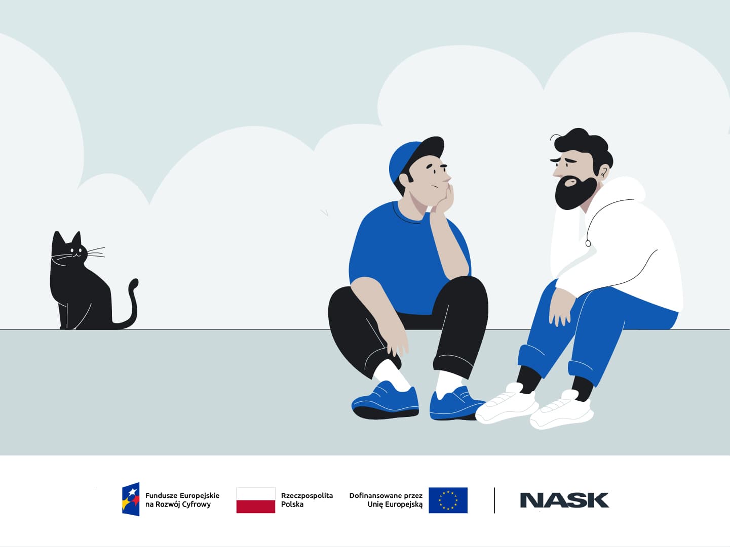 Ilustracja - dwóch siedzących mężczyzn i kot