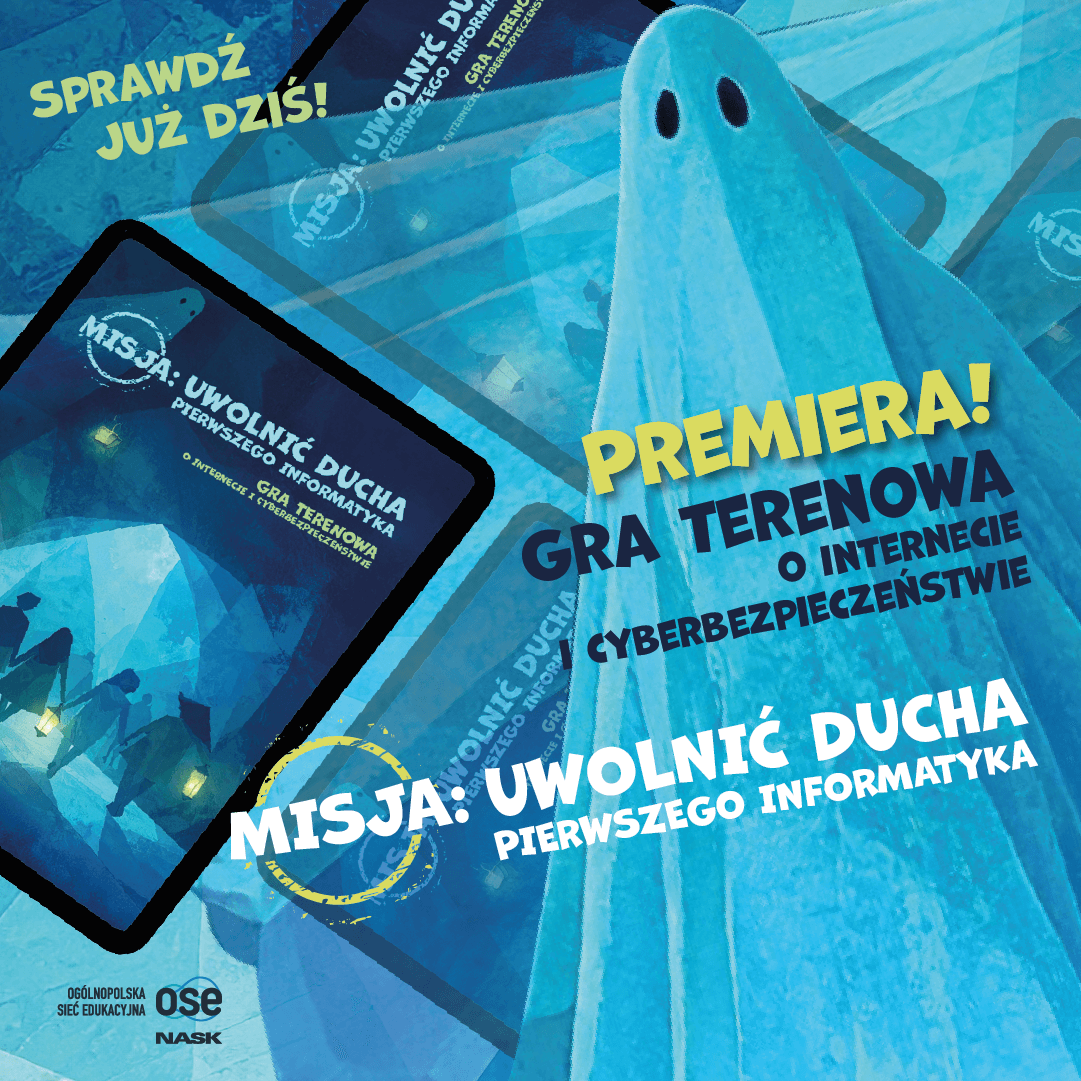 Grafika z duchem i tabletem, na którym widać sylwetki nastolatków w lesie.