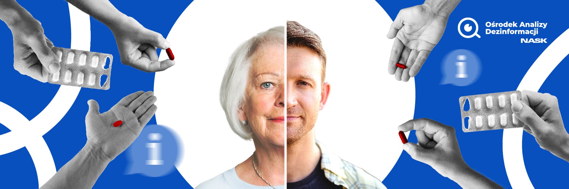 Mężczyzna i kobieta na tle grafiki przedstawiającej wyciągnięte ręce i czerwone kapsułki