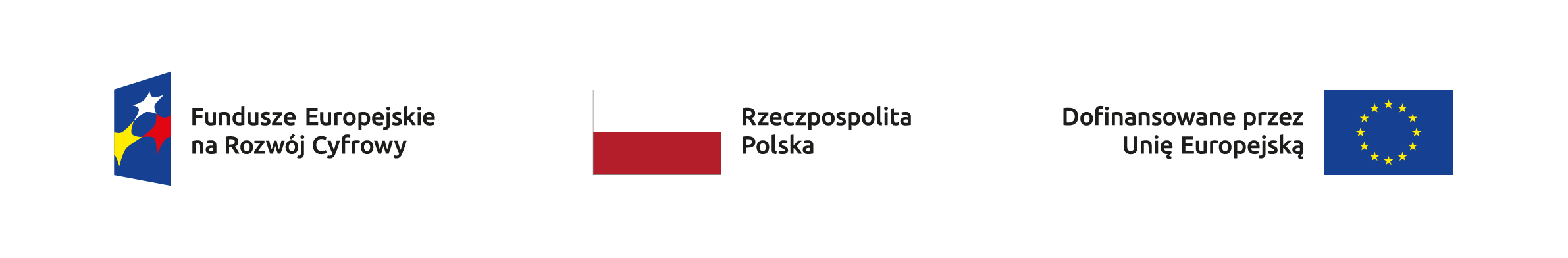 Grafika przedstawiająca trzy elementy: logo Funduszy Europejskich na Rozwój Cyfrowy, flagę Polski z podpisem 'Rzeczpospolita Polska' oraz logo Unii Europejskiej z podpisem 'Dofinansowane przez Unię Europejską'