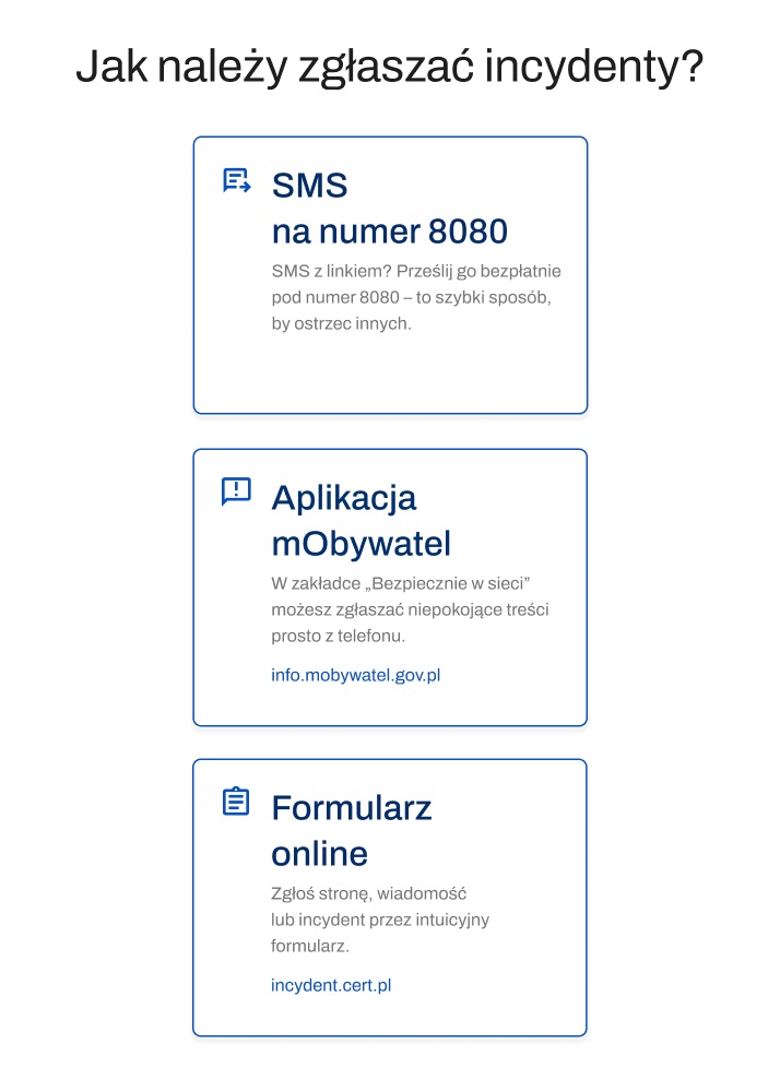 Grafika przedstawia trzy sposoby zgłaszania incydentów online. Pierwszy to „Formularz online” dostępny na stronie incydent.cert.pl. Drugi to wysłanie SMS-a z linkiem pod bezpłatny numer 8080. Trzeci sposób to skorzystanie z aplikacji mObywatel, w zakładce „Bezpiecznie w sieci”.
